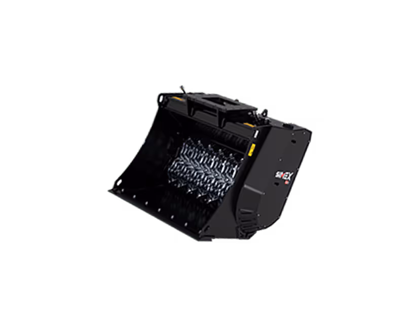 Černý průmyslový nakladač se zubatou vnitřní hranou pro drcení materiálu.