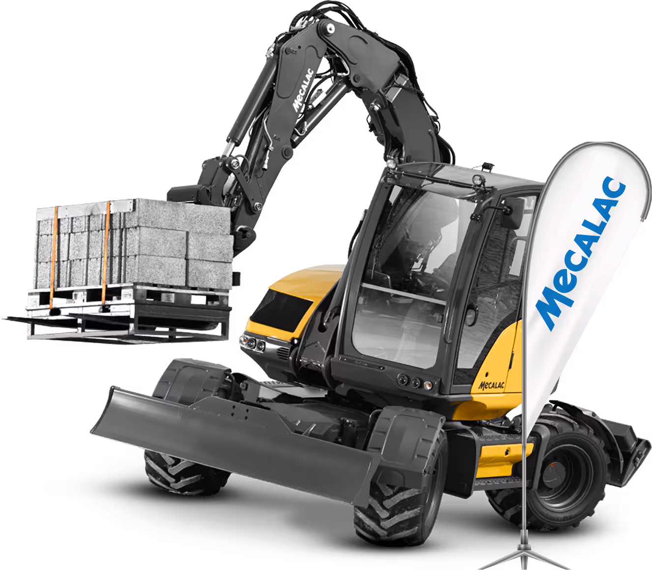 Žlutý stavební bagr Mecalac s nakládaným paletovým nákladem betonových bloků a praporem Mecalac.