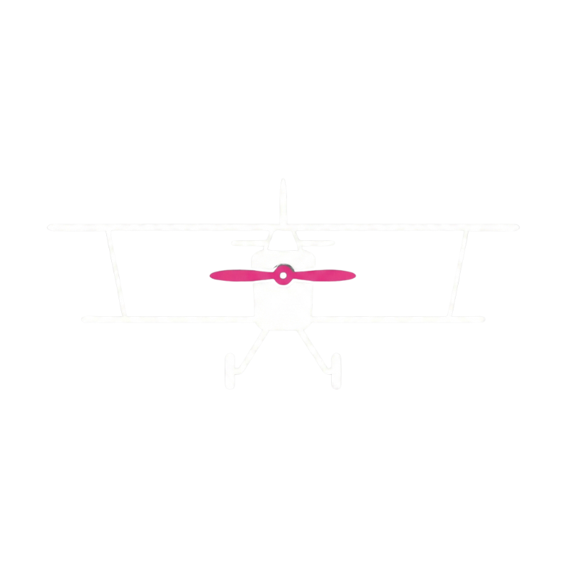 Front view of a white biplane with a pink propeller on a black background.