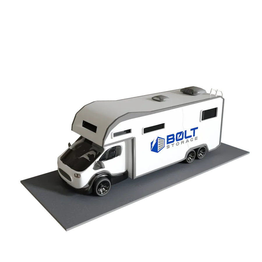 A cartoonish white RV with a bolt storage logo