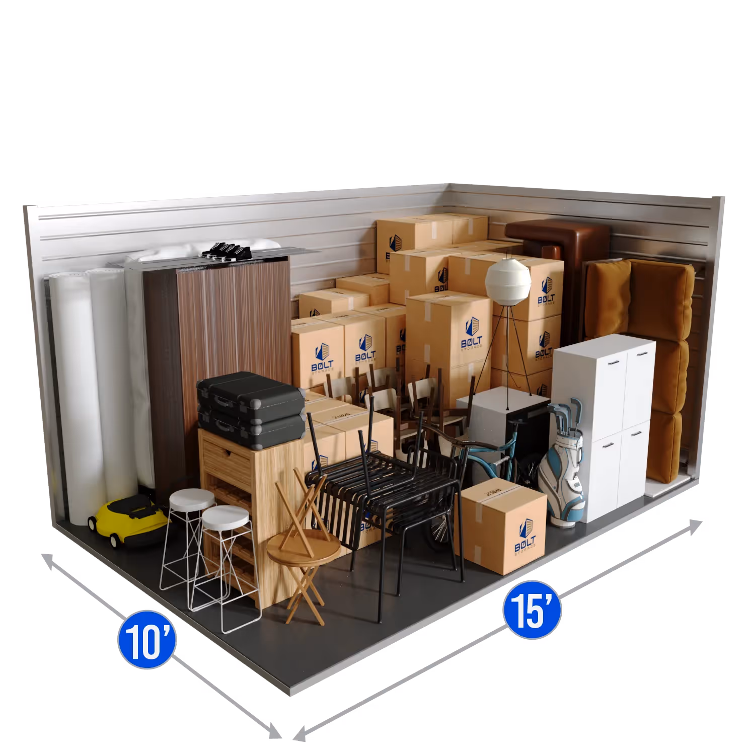 a 10 feet by 15 feet storage unit filled with boxes, furniture, and some sport equipment