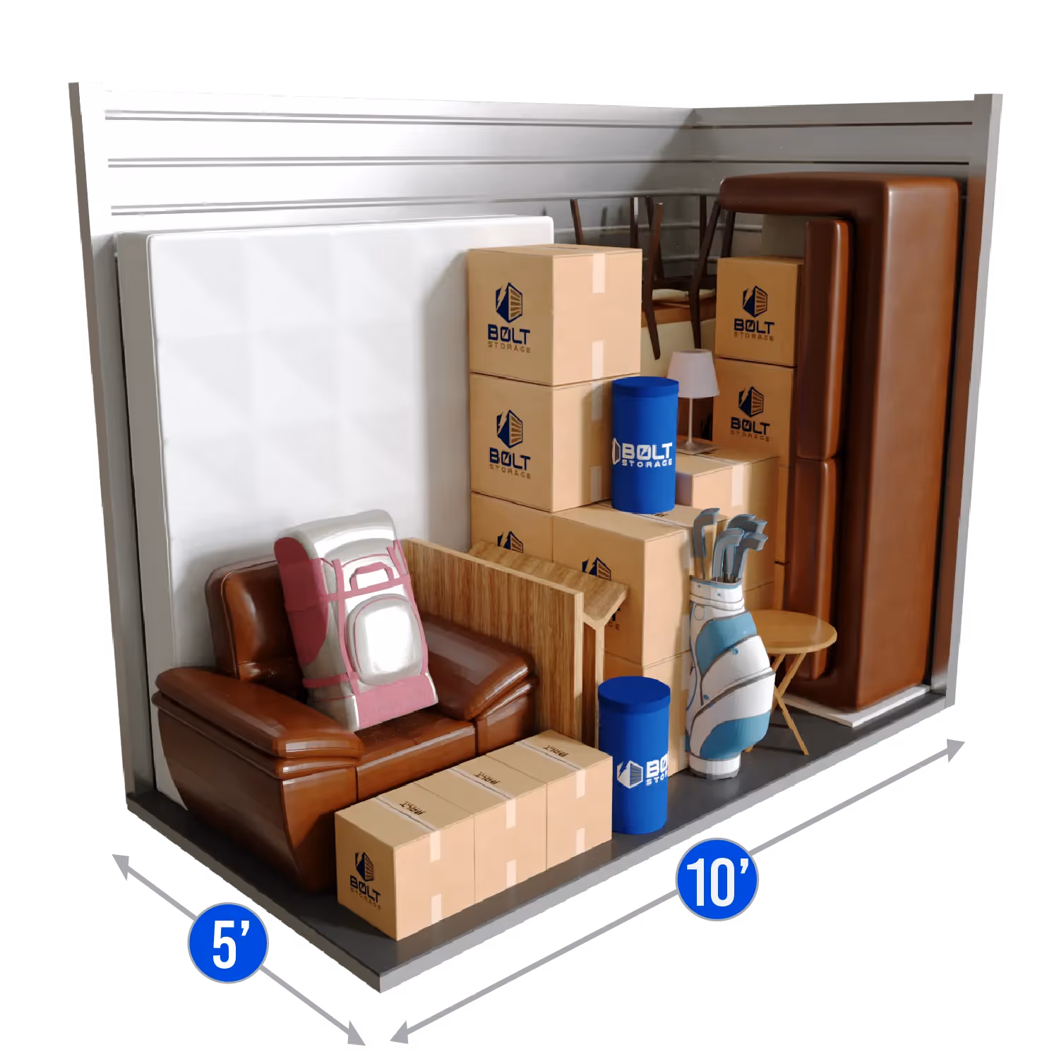 Cartoon illustration of a 5x10 storage unit filled with stacked boxes, and household items, showing ideal use of space.
