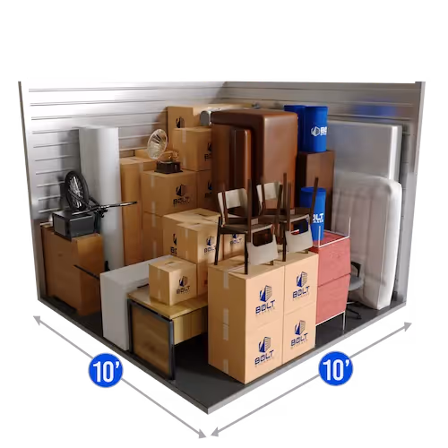 a 10 feet by 10 feet storage unit filled with boxes and some furniture