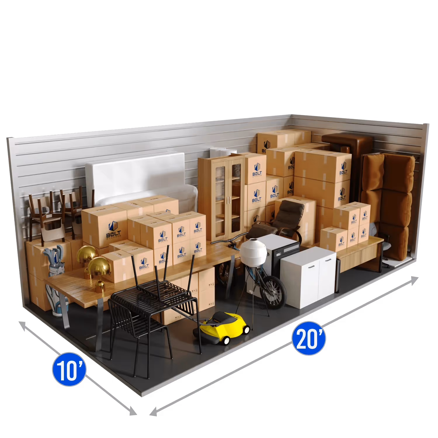 a 10 feet by 20 feet stroage unit filled with boxes, furniture, and some equipments