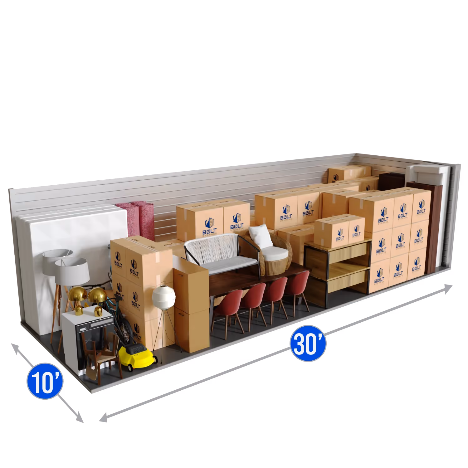 Cartoon illustration of a 10x30 storage unit packed with boxes, furniture, and home appliances, showing the large storage capacity for a full household