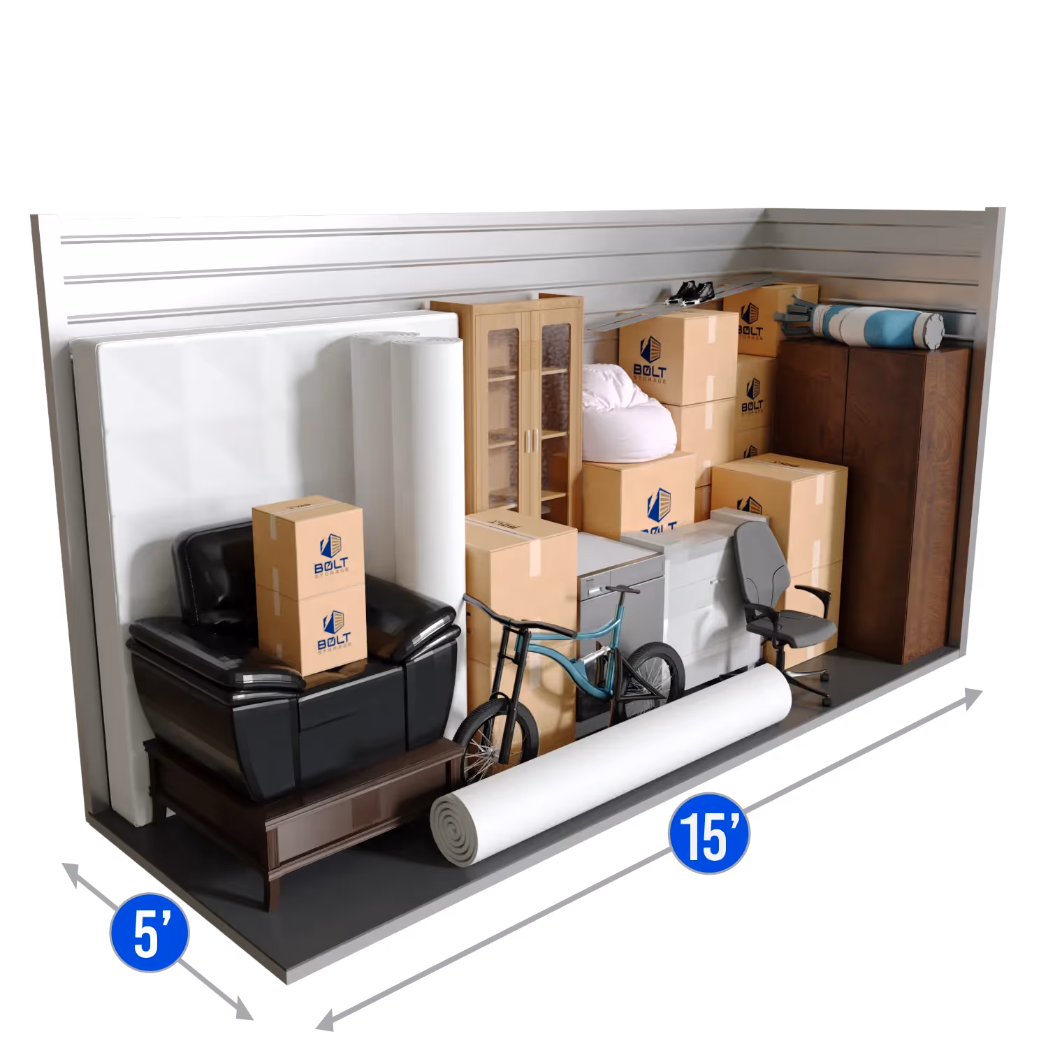 Cartoon illustration of a 5x15 storage unit filled with stacked boxes, and household items, showing ideal use of space.