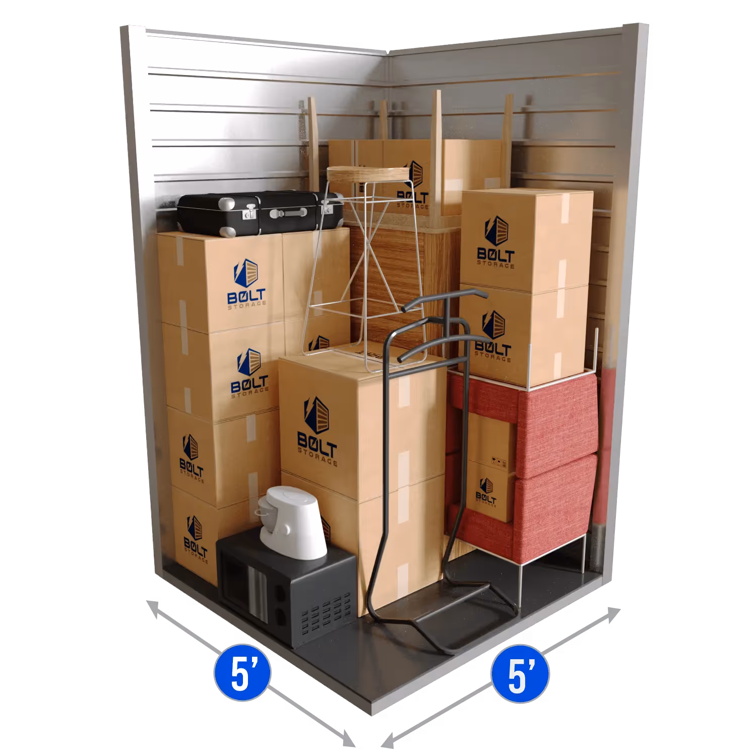 A 5 feet by 5 feet storage unit filled with boxes