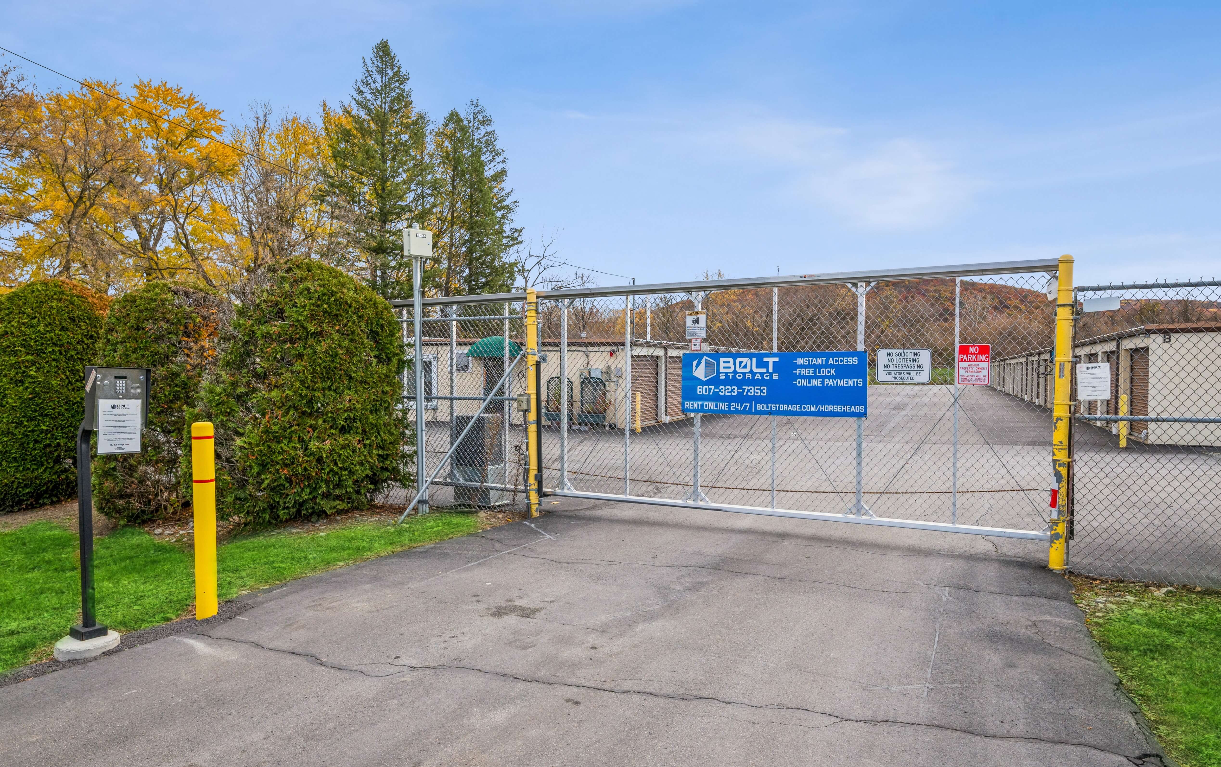 The entrance of a bolt storage property with a gate