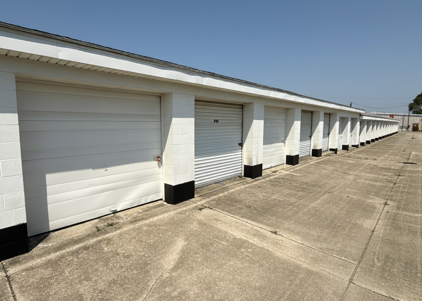 A white self storage building