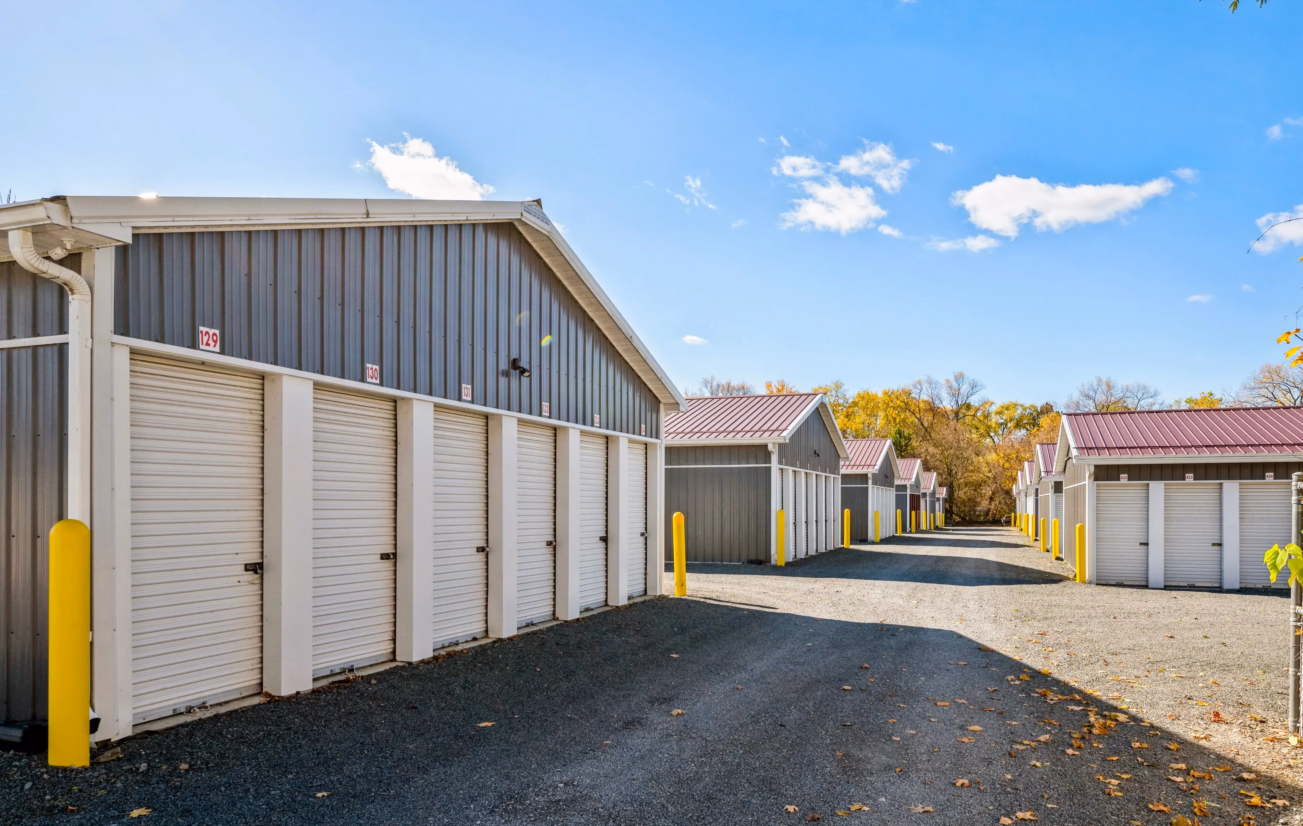 Exterior view of drive up storage buildings with white roll up doors and purple roofs in Elmira NY