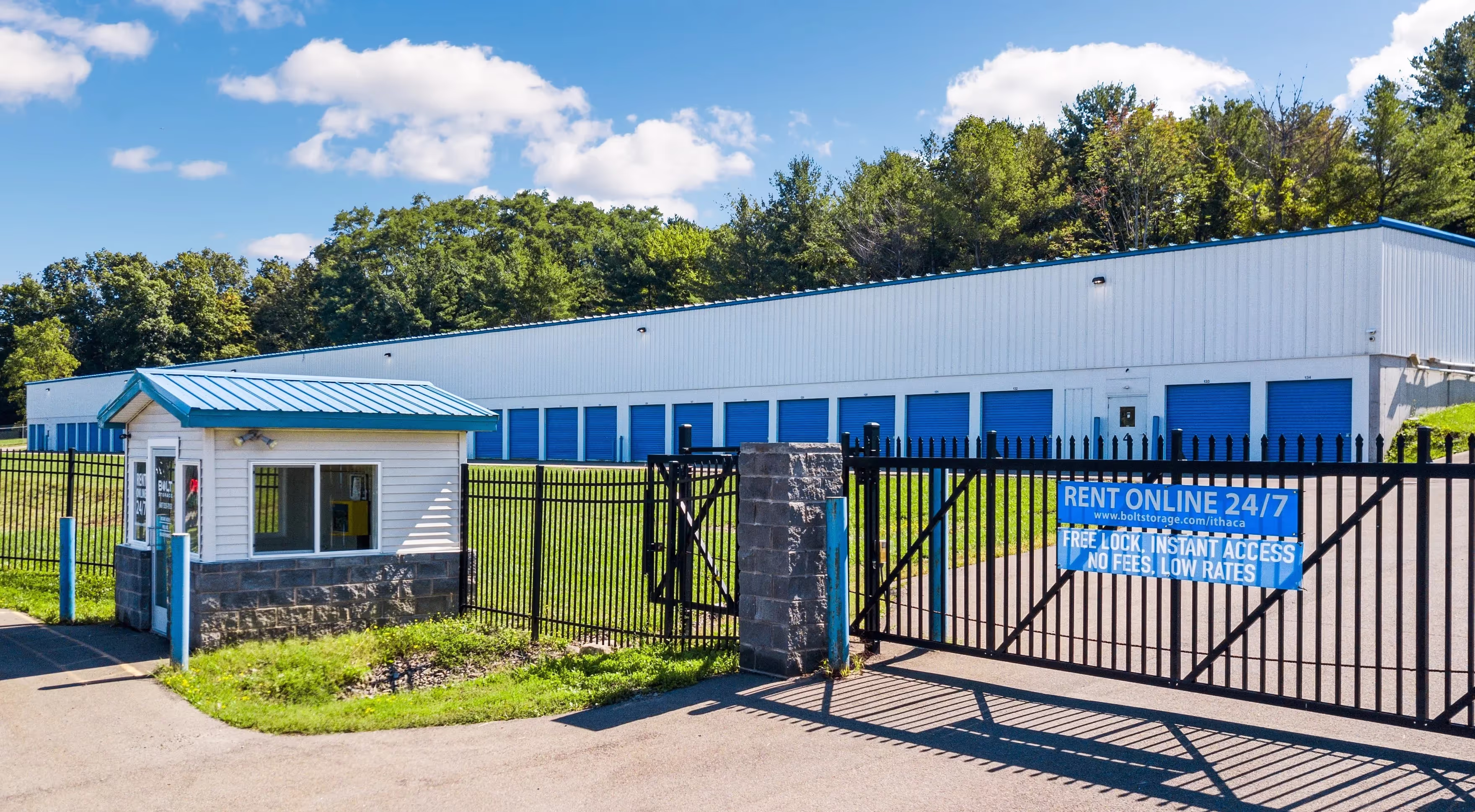 Gated entrance and main office at our Ithaca NY self storage facility near Cornell University