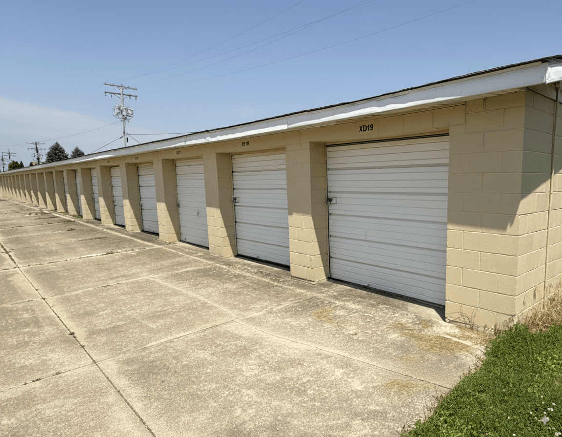 Drive up storage units with white door from one of our locations in Kokomo, IN