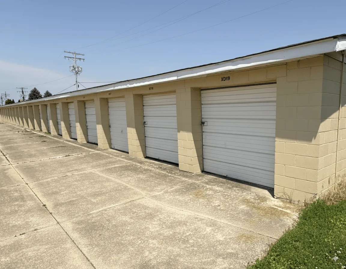 Drive up storage units with white door from one of our locations in Kokomo, IN
