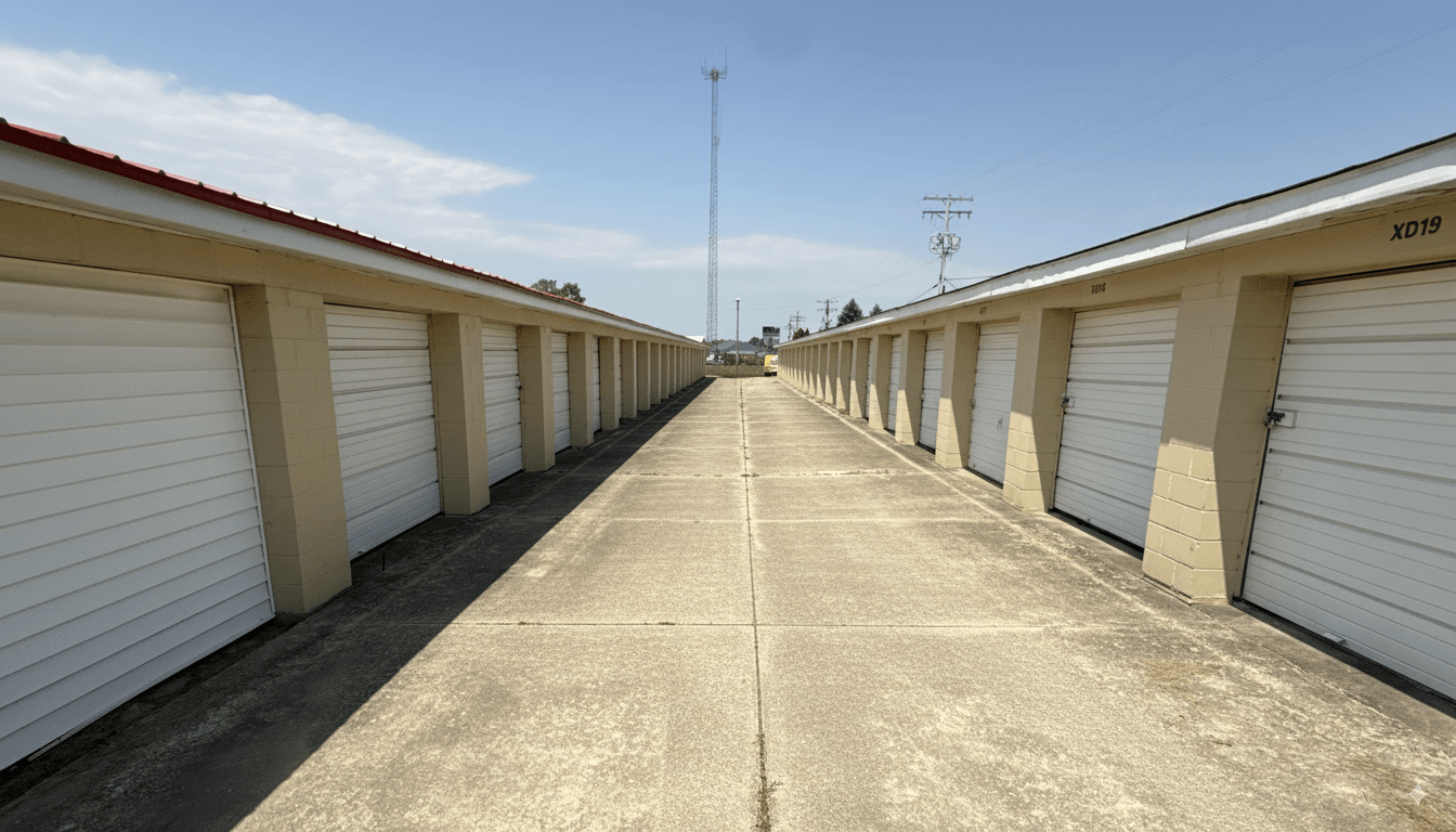 Two self storage buildingas with white door from one of our locations in Kokomo, IN