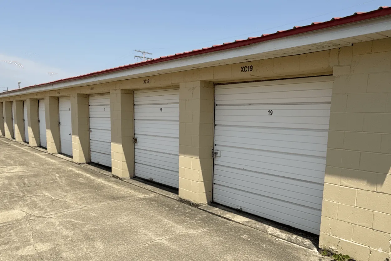 Drive up storage units with white door from one of our locations in Kokomo, IN