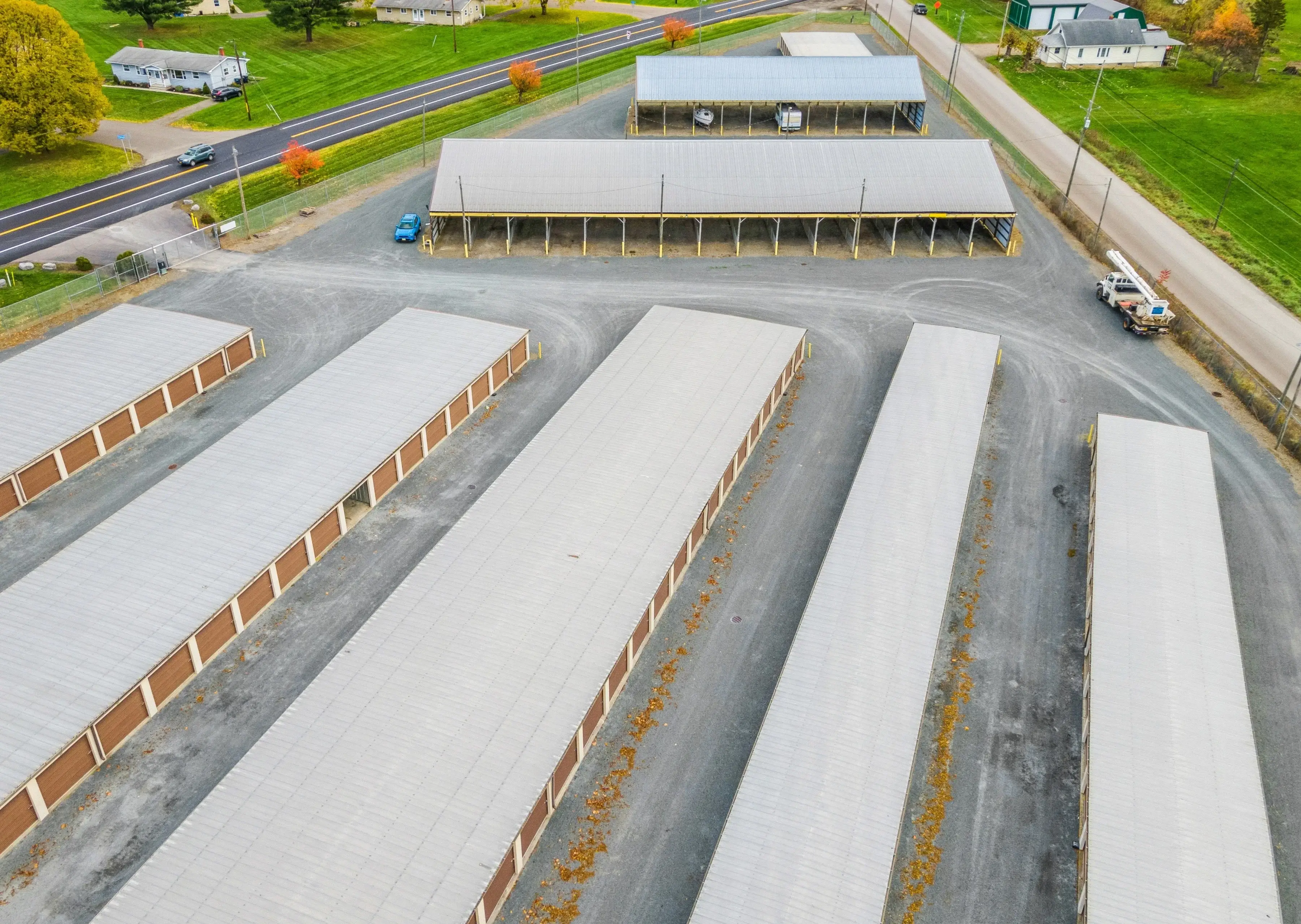 Aerial view of drive up storage units and covered RV parking at our Horseheads NY location