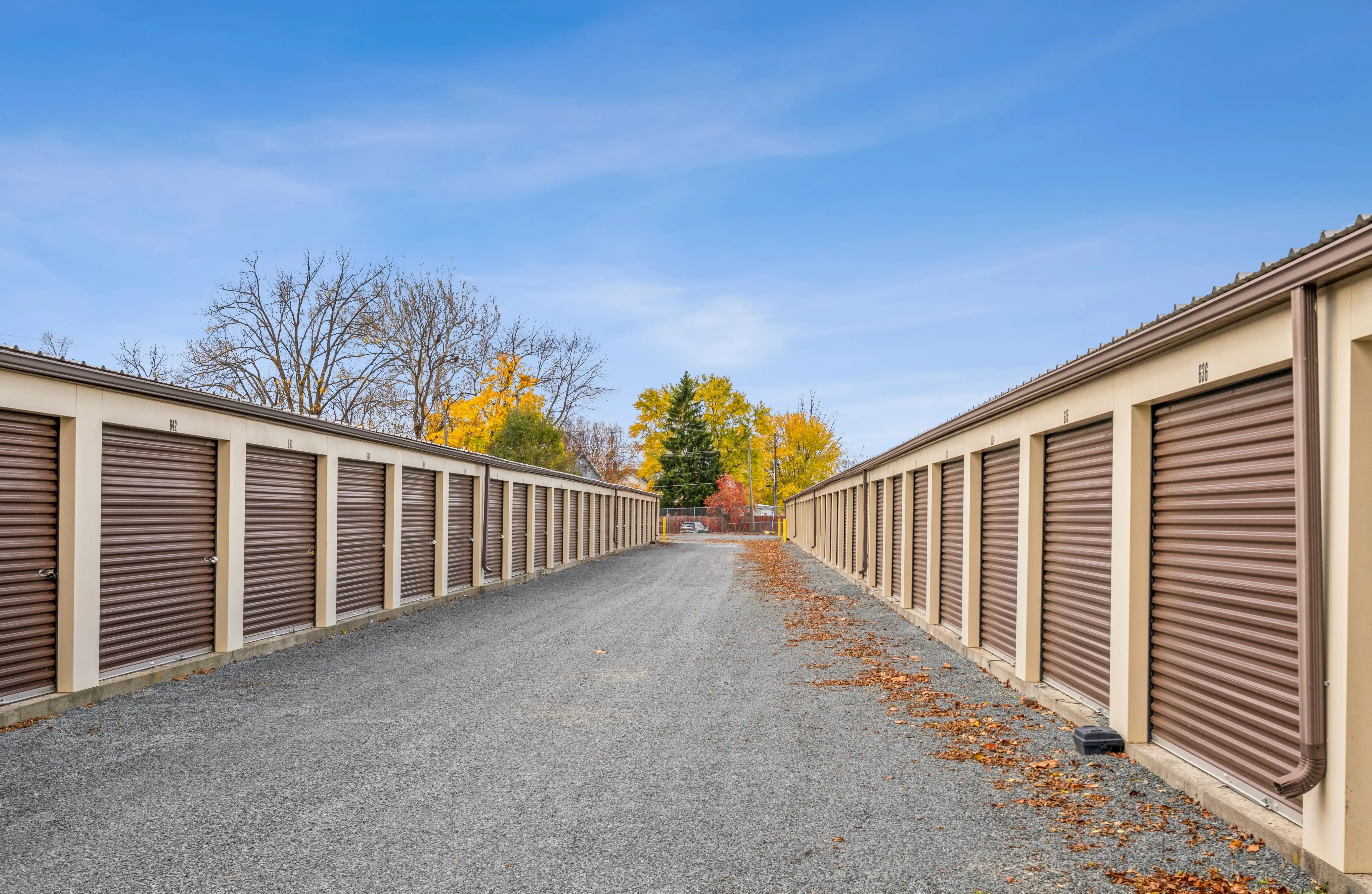 Angled view of drive up storage buildings with brown doors and gravel driveway at our Horseheads NY facility
