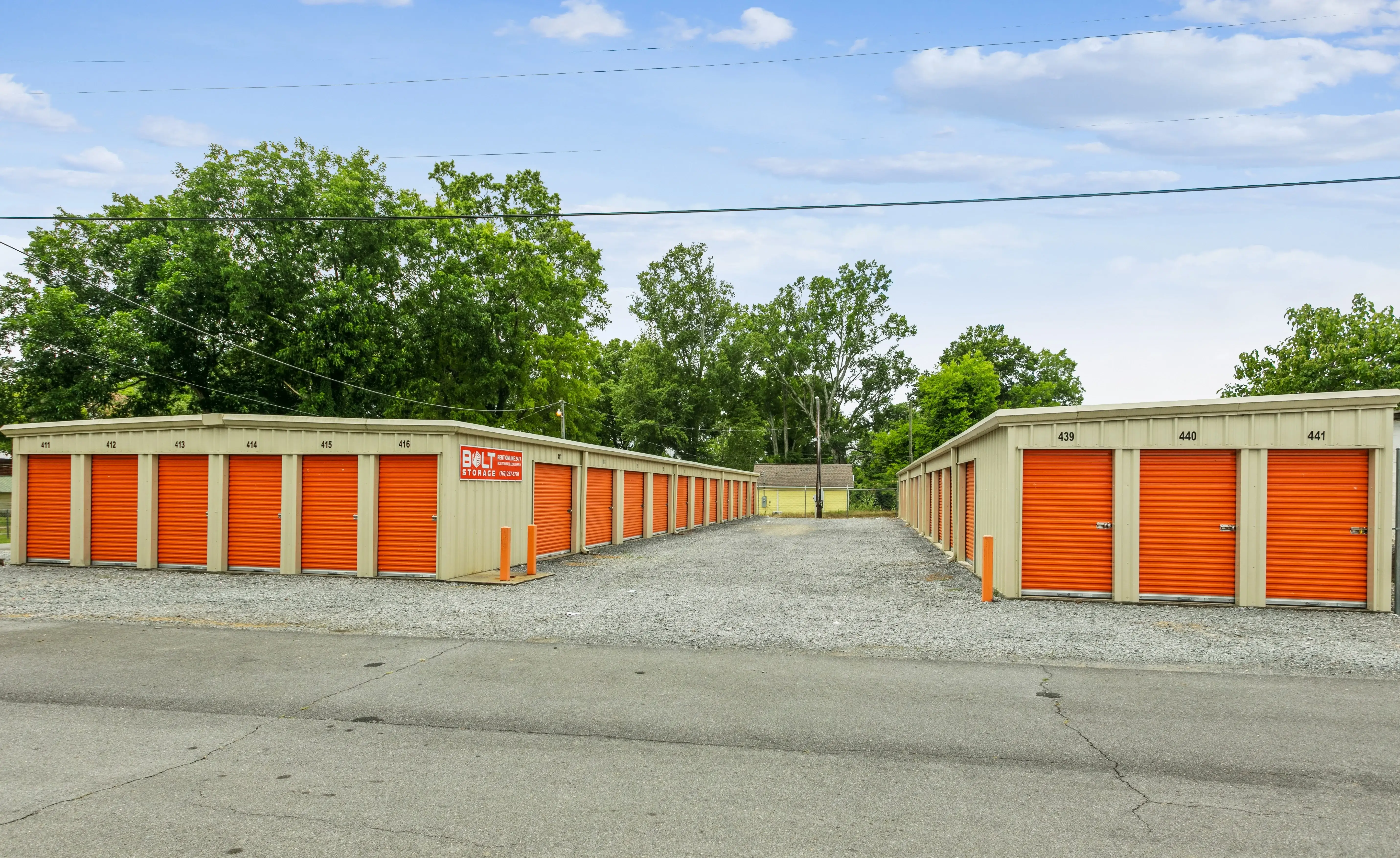 Angled view of drive up storage units and gravel drive lanes at our Lyerly GA facility
