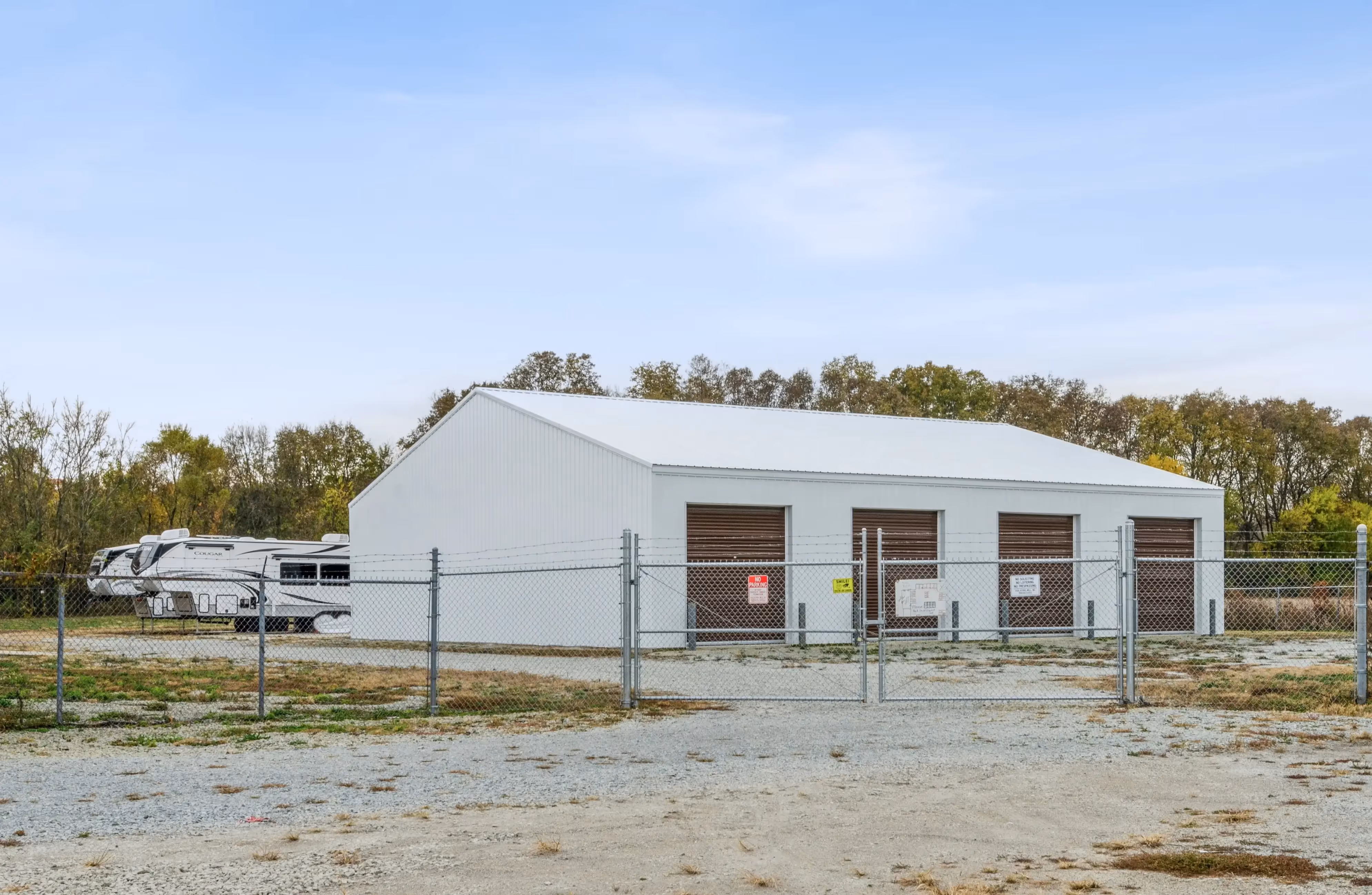 Storage buildings with brown doors