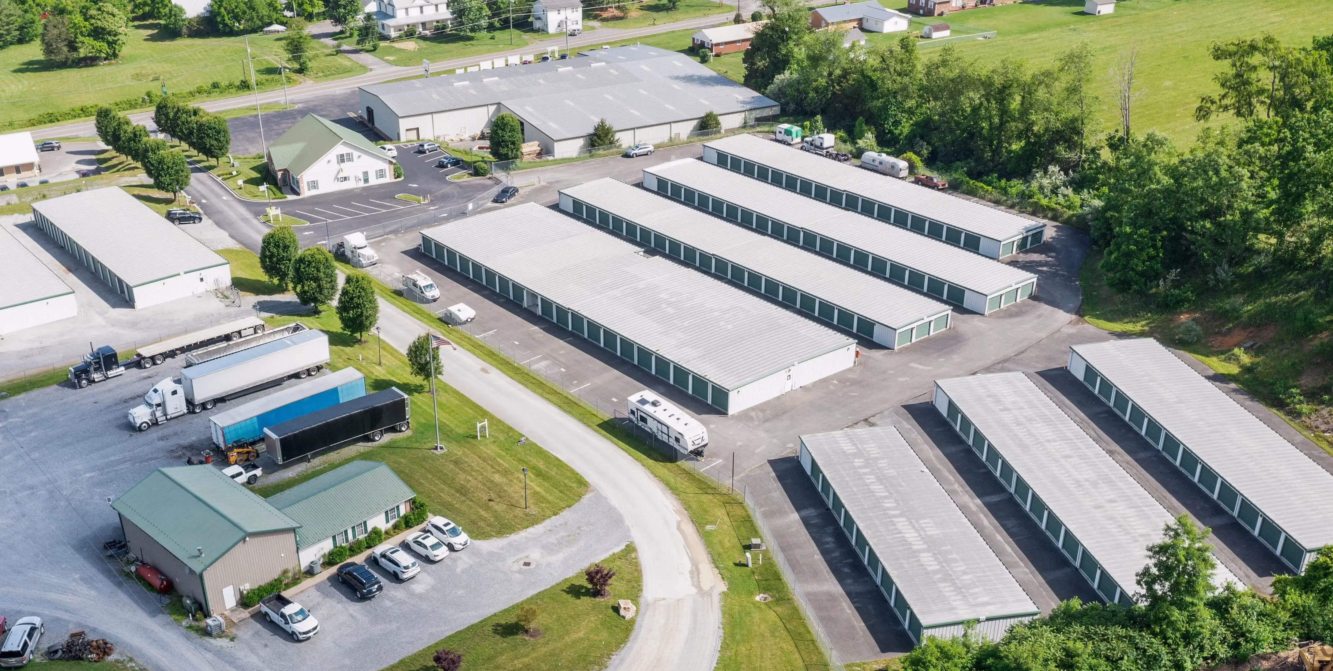 Aerial view of our Abingdon VA self storage facility with multiple drive up unit buildings
