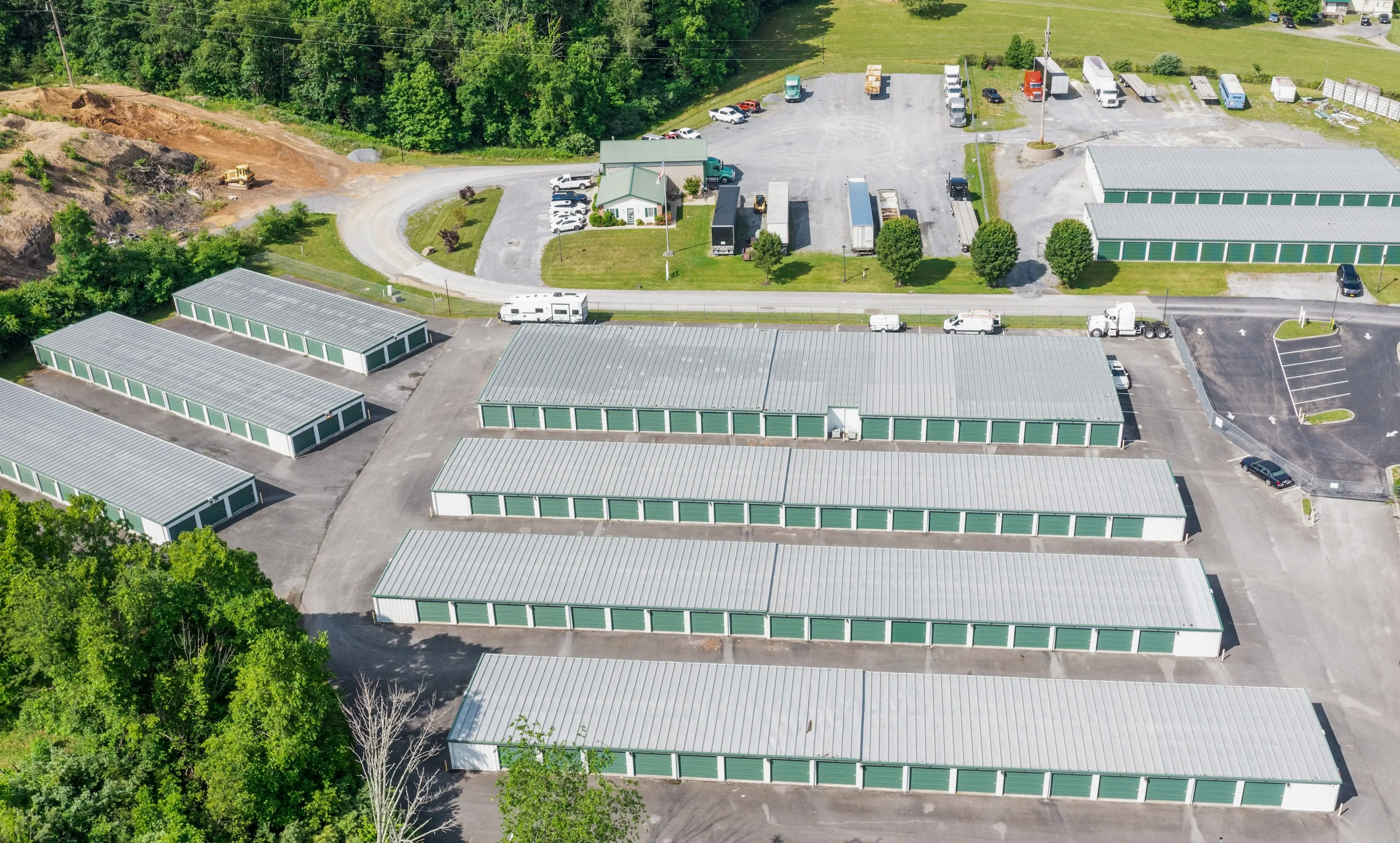 Aerial photo of drive up storage buildings and paved access lanes at our Abingdon VA location