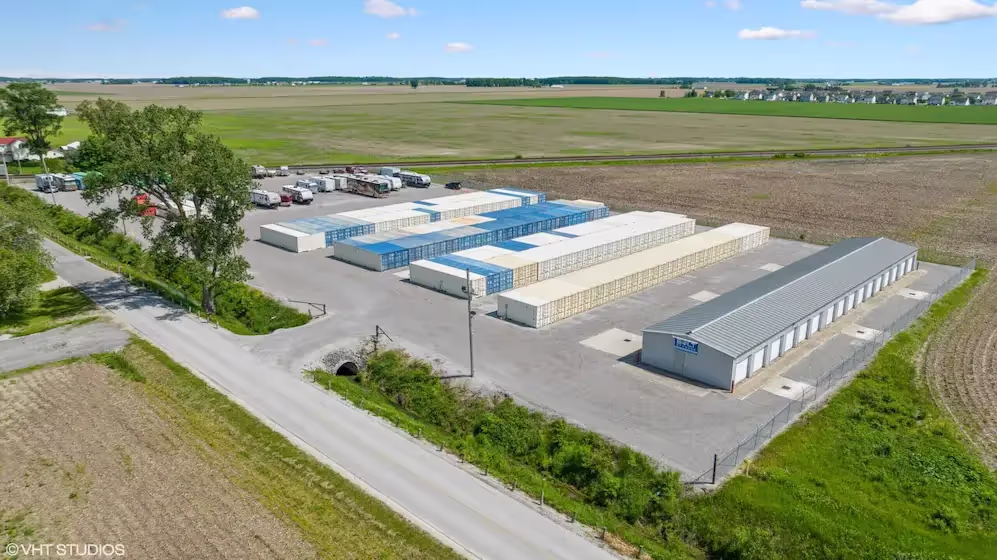 Aerial view of our Bowling Green Ohio self storage facility with multiple drive up buildings