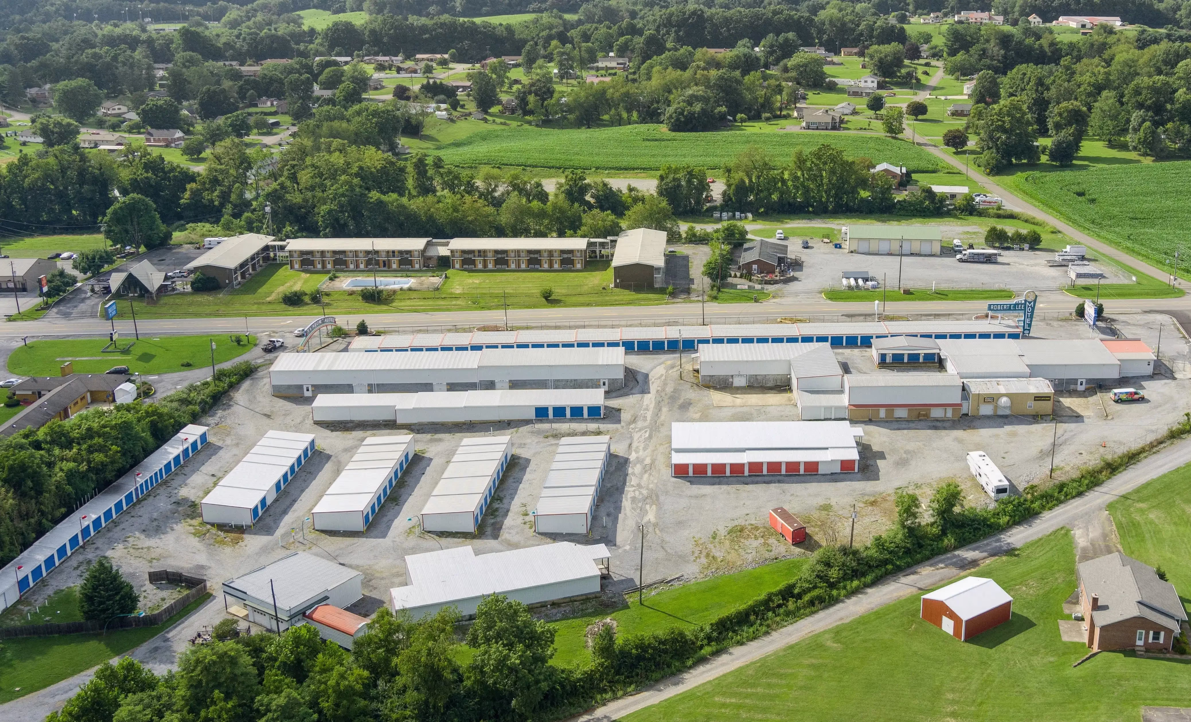 Aerial view of our Bristol VA self storage facility with multiple drive up storage buildings