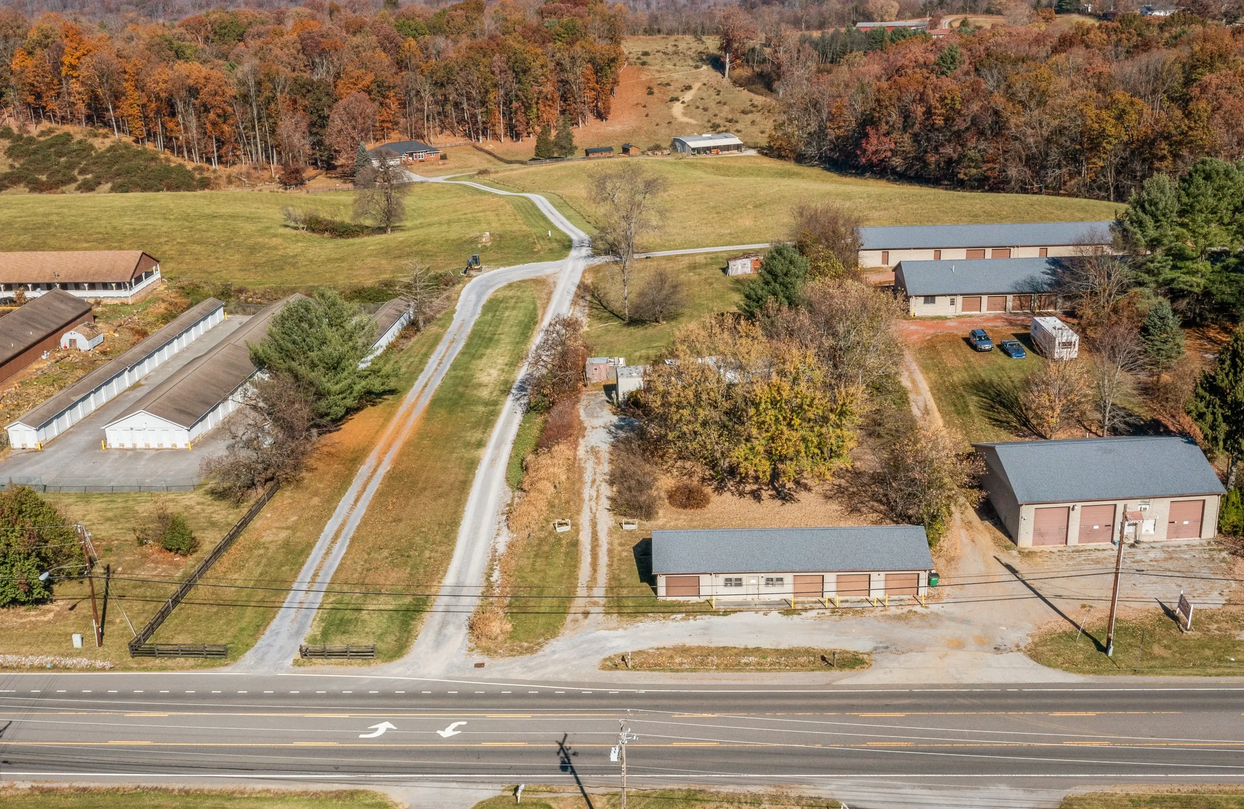 Aerial view of our Christiansburg VA self storage facility on Roanoke Street showing multiple rows of storage buildings