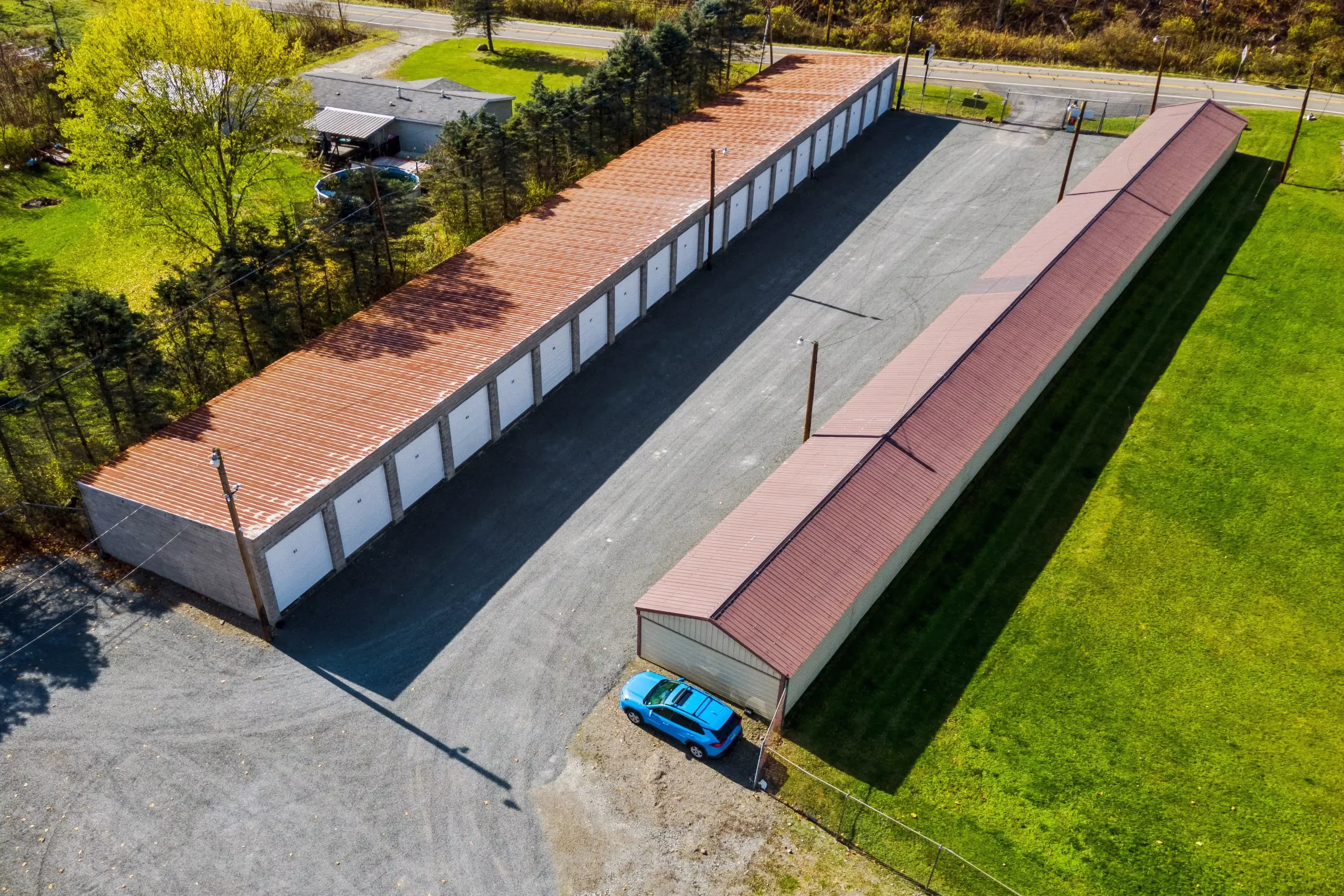 Aerial view of our Gillett PA self storage facility with long rows of drive up units