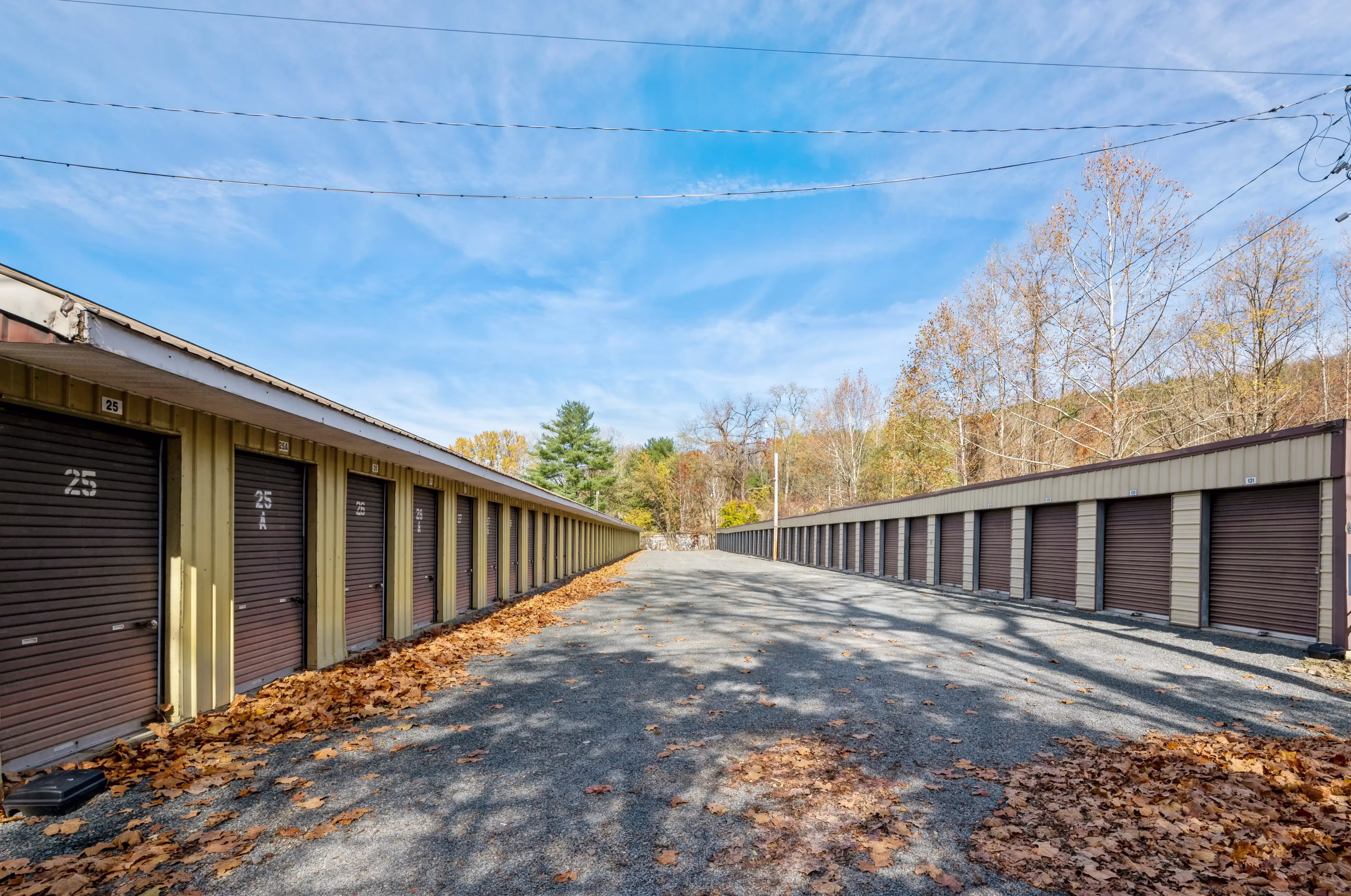 drive up storage units with white roll up doors at our Gillett PA facility