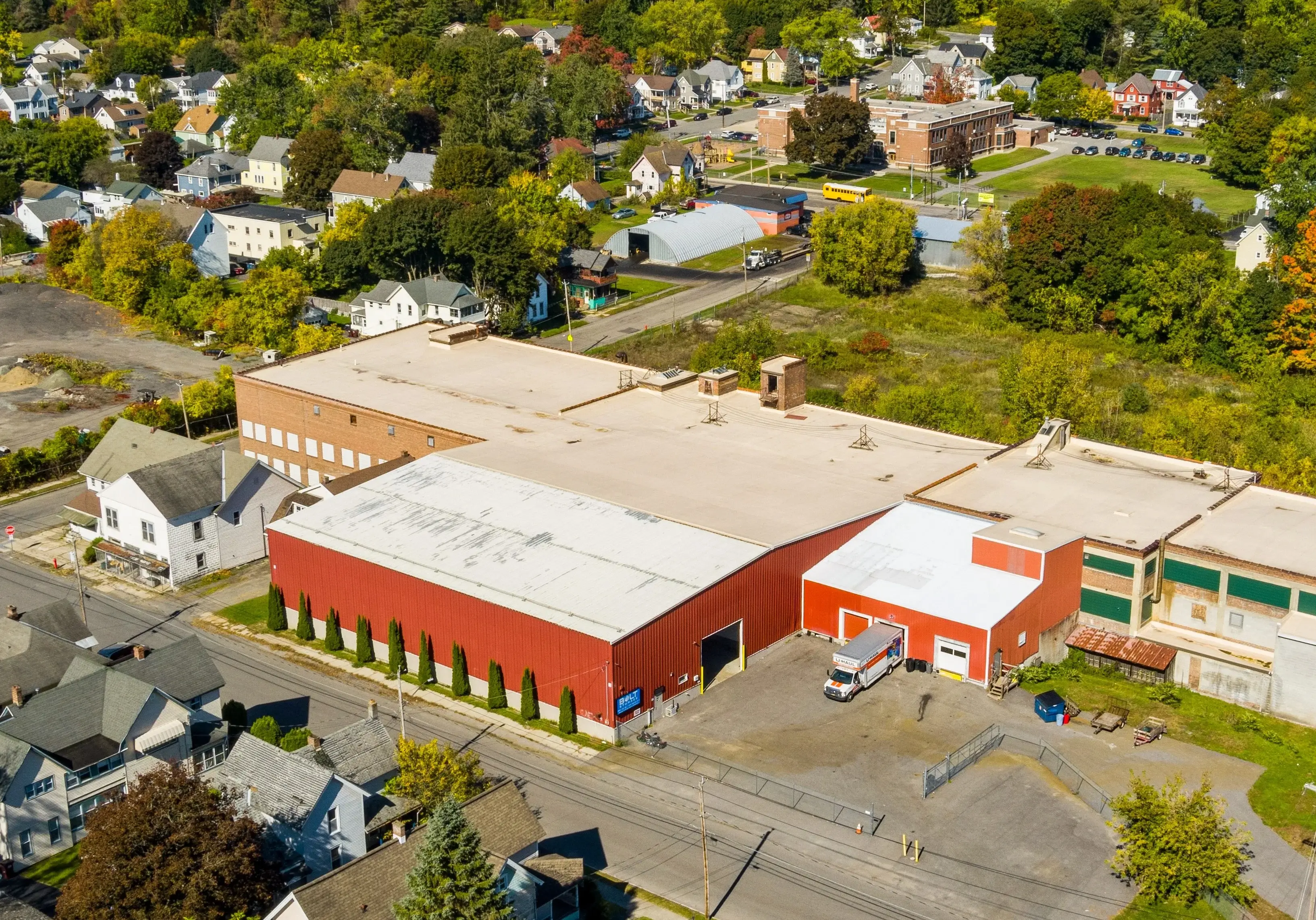 Aerial view of our Gloversville NY self storage facility with indoor and drive up storage buildings