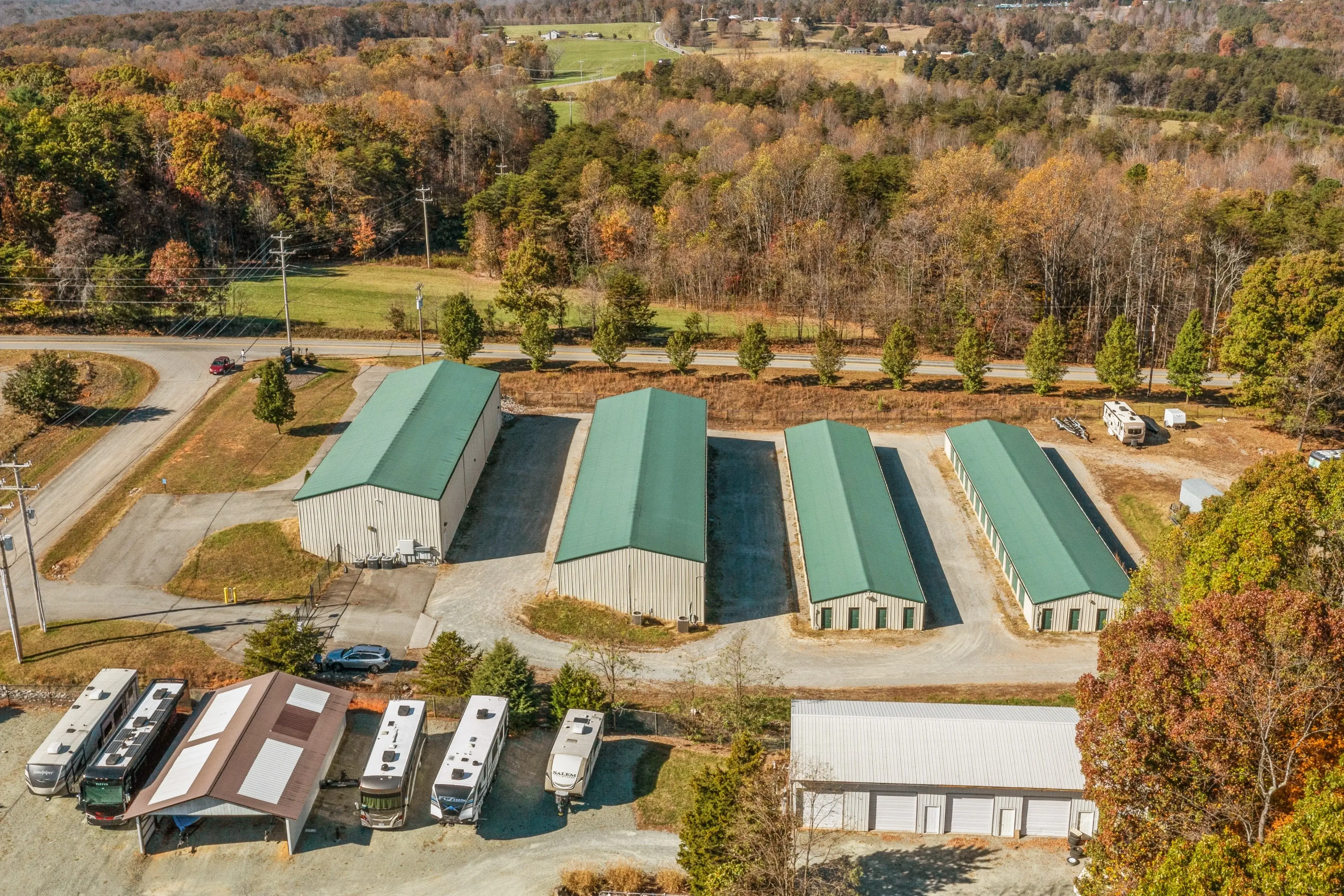 Aerial view of our Moneta VA self storage facility with multiple rows of drive up storage buildings
