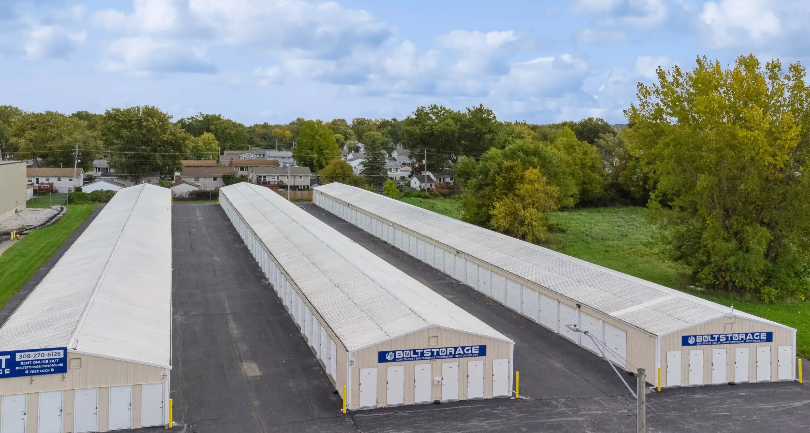 Aerial view of our Moline IL self storage facility with multiple rows of drive up storage units