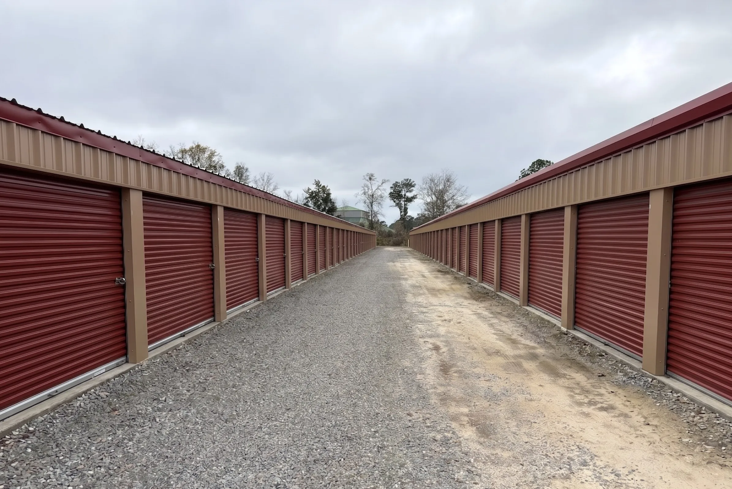 Looking down a long row of storage unit doors at a facility in Jesup, Georgia, featuring clean red roll up doors and wide gravel lanes for easy drive-up access
