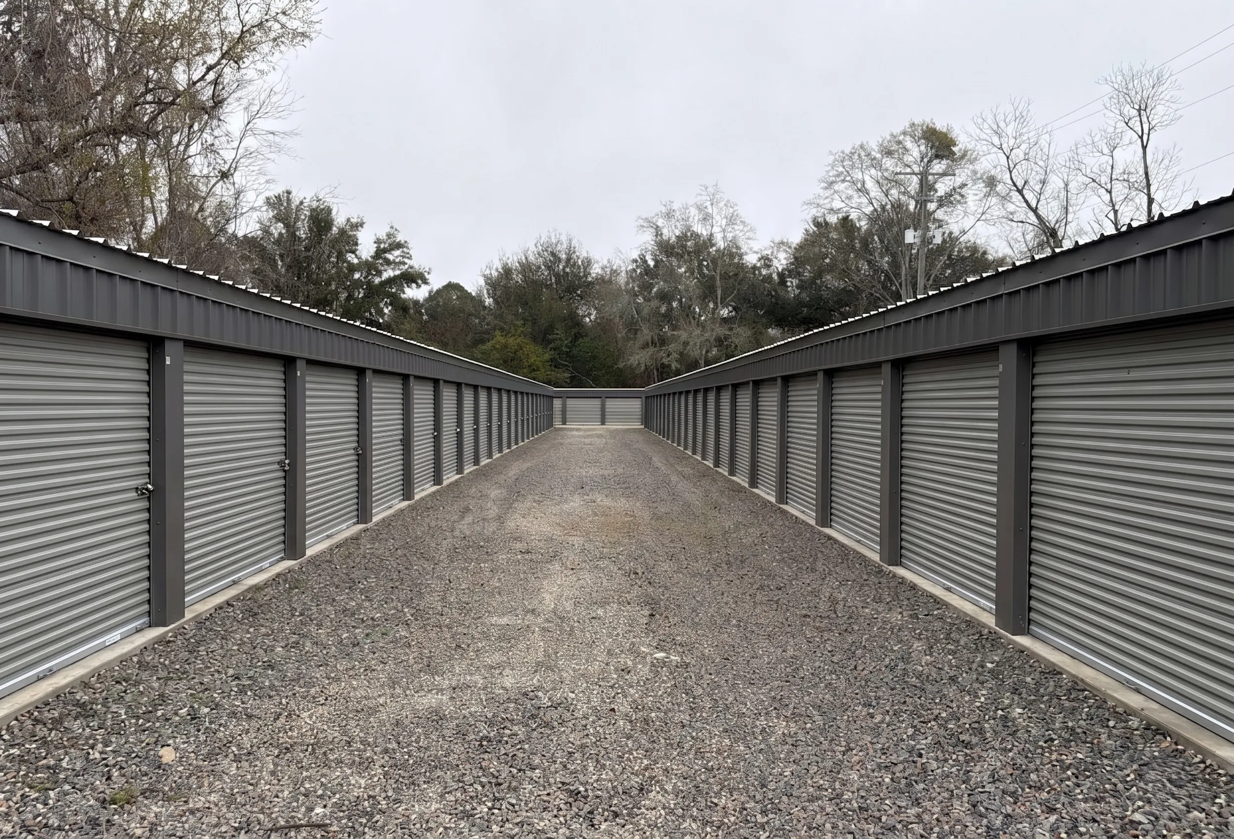 A perspective shot of a secure storage unit facility on North Blvd in Baxley, showing a long building with several grey roll up doors and well-maintained gravel lanes