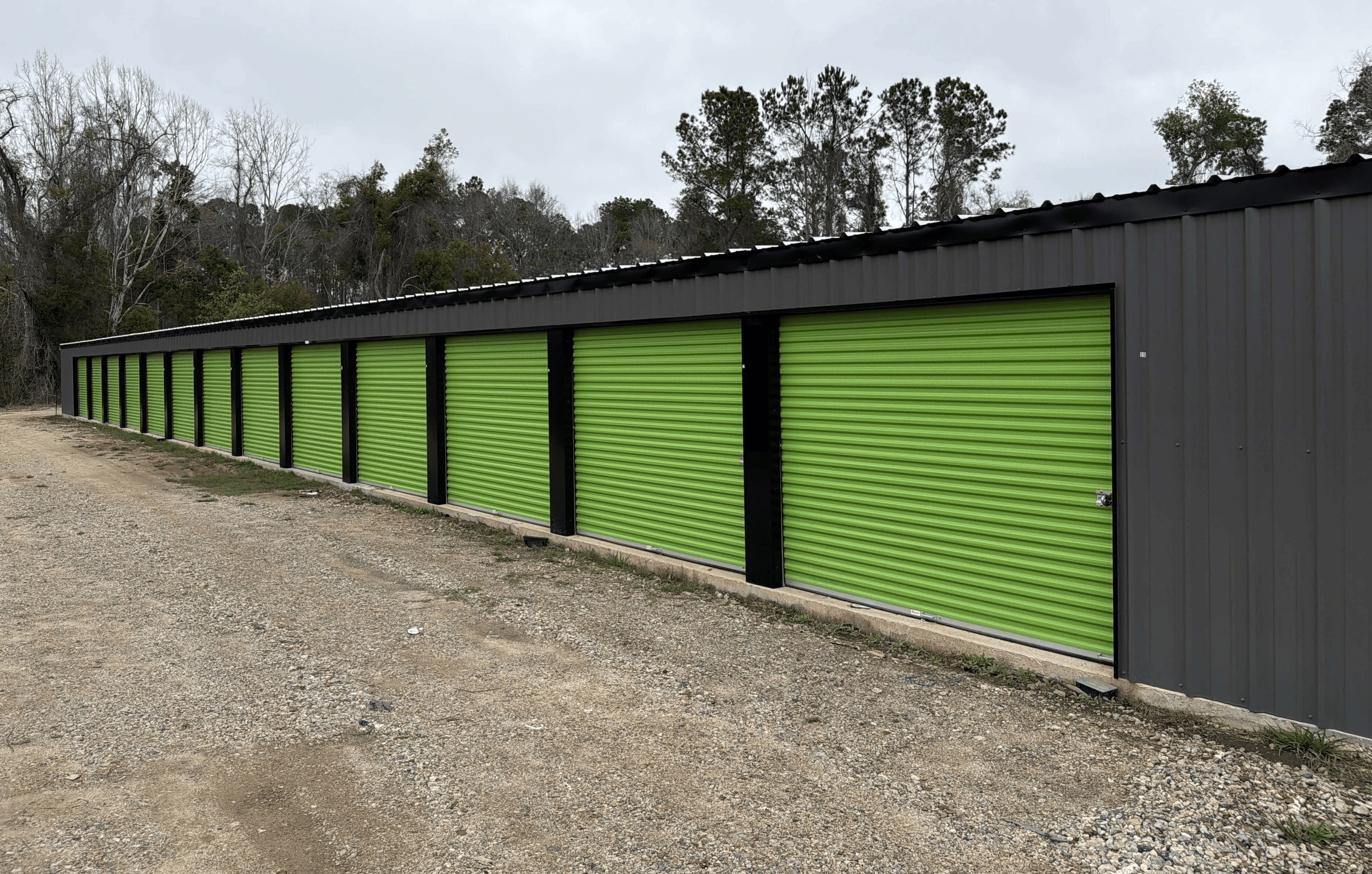 Bolt Storage self storage facility at 503 E Carter Ave in Blackshear, GA showing drive-up units with bright green roll-up doors