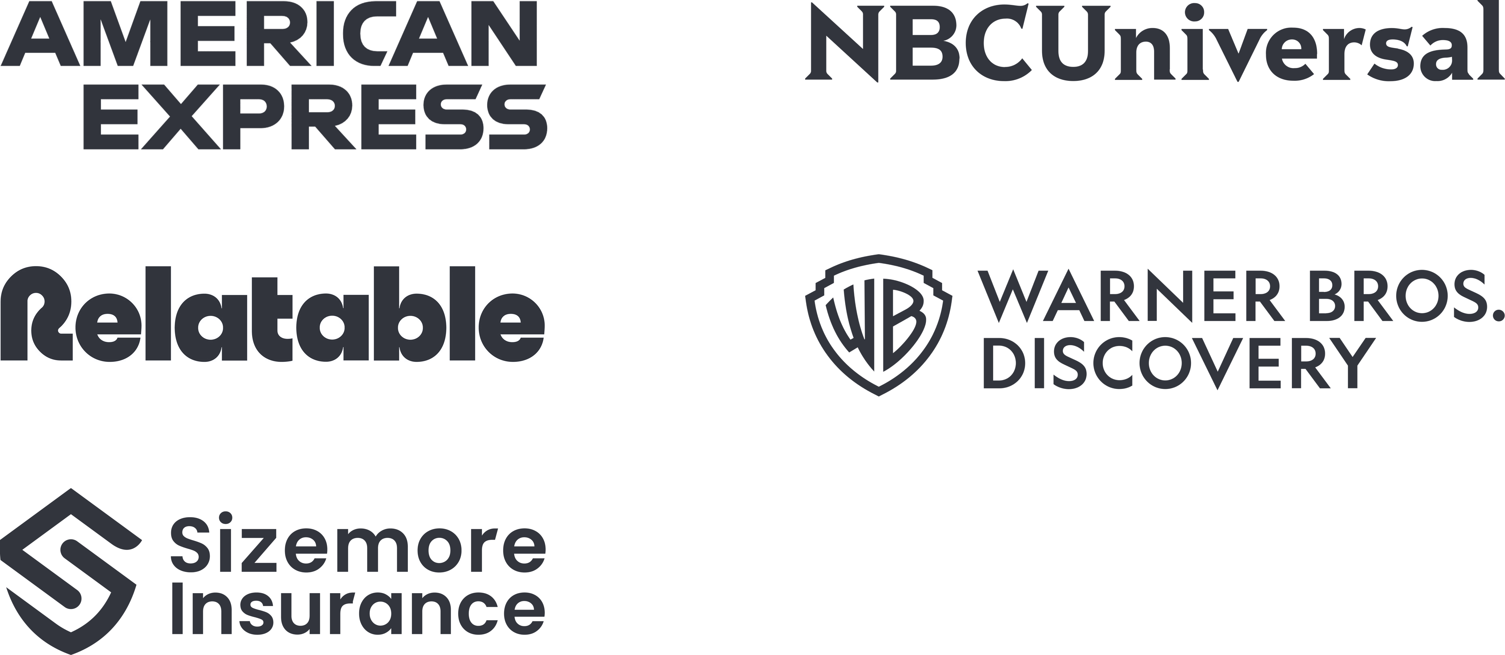 List of companies: American Express (Amex), NBCUniversal, Warner Bros. Discovery, Relatable, Sizemore Insurance