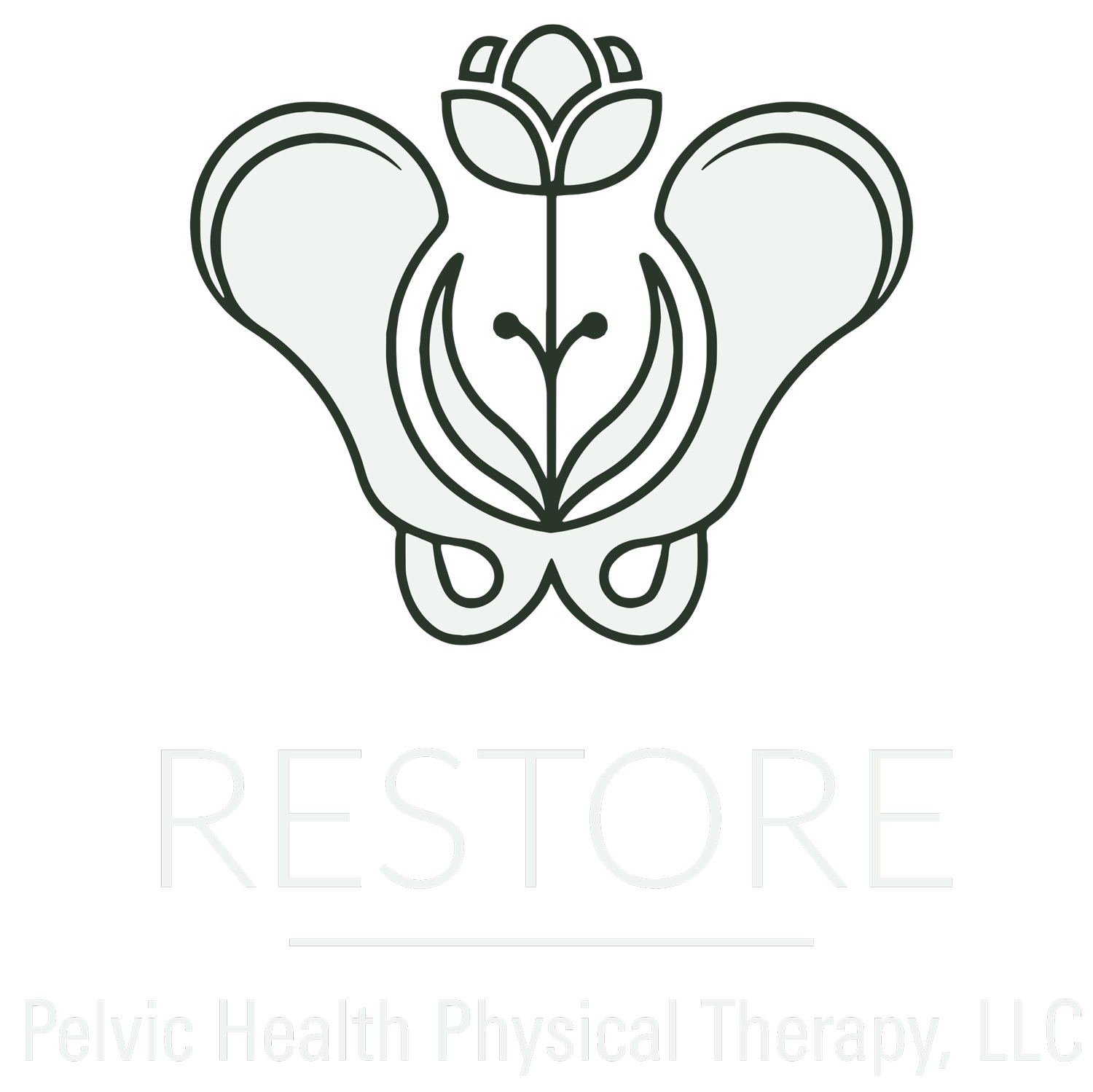 restore pelvic health physical therapy logo white vertical on green background