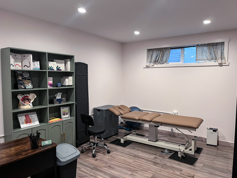 interior photo of restore pelvic health physical therapy with patient bed bookcases