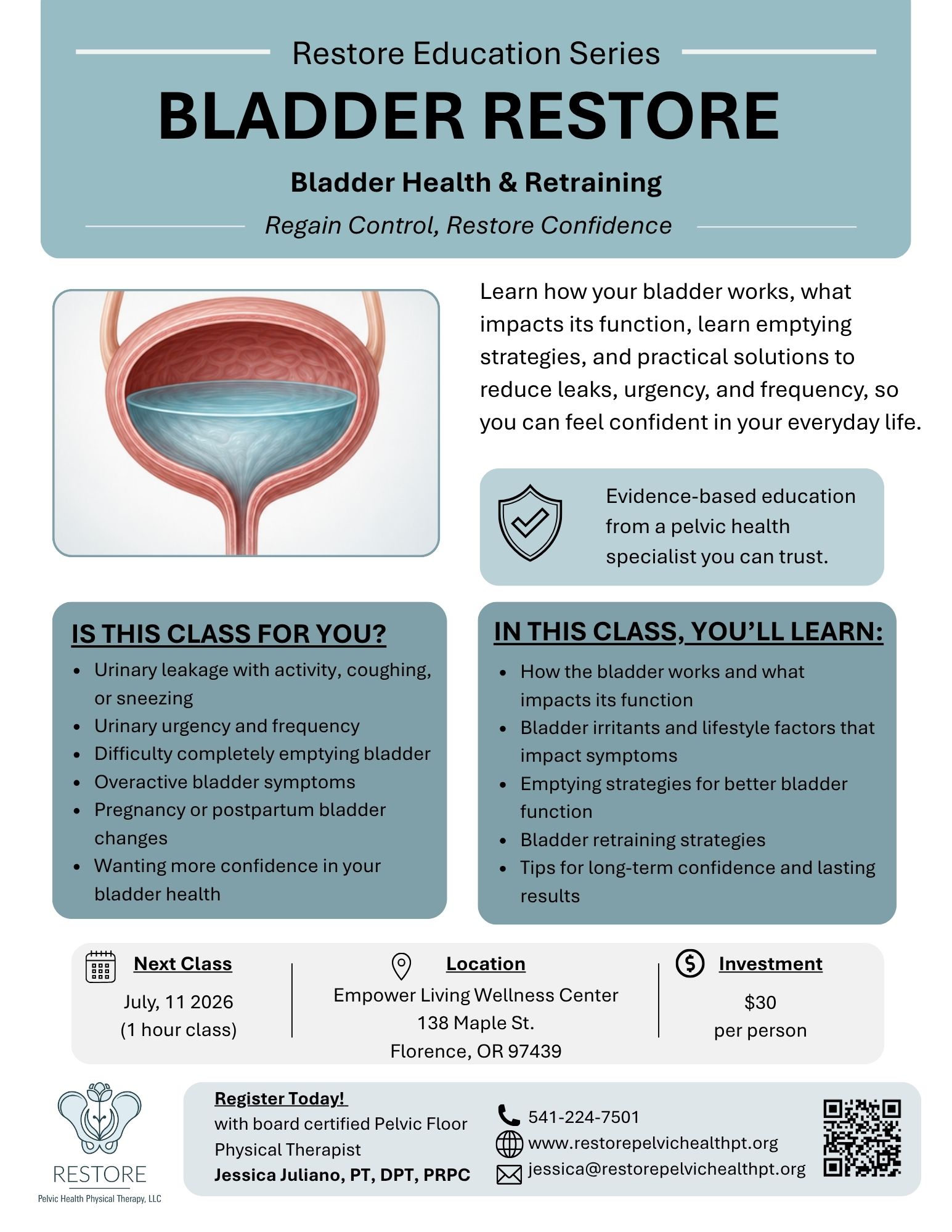 flyer for bladder retraining class in oregon