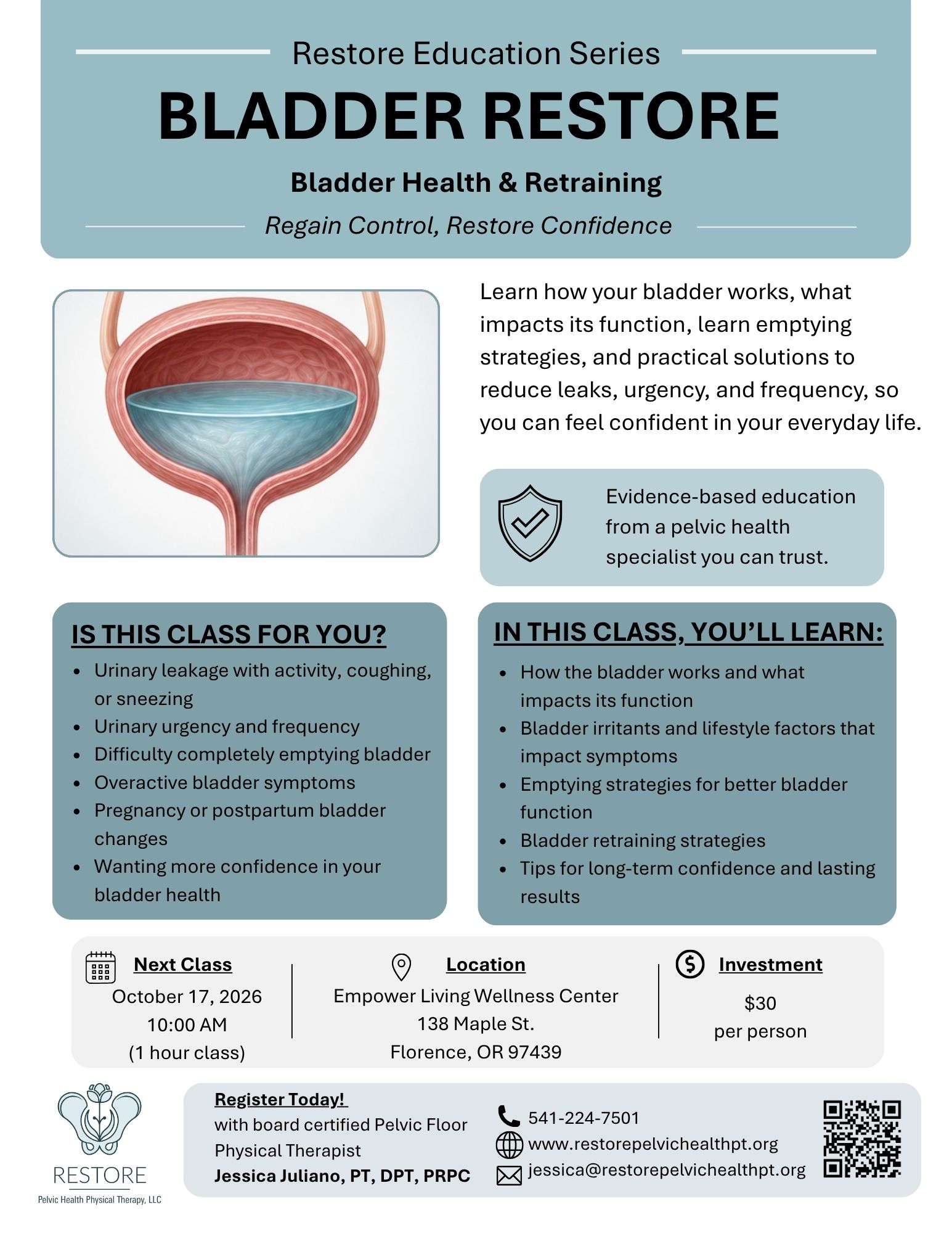 flyer for bladder retraining class in oregon