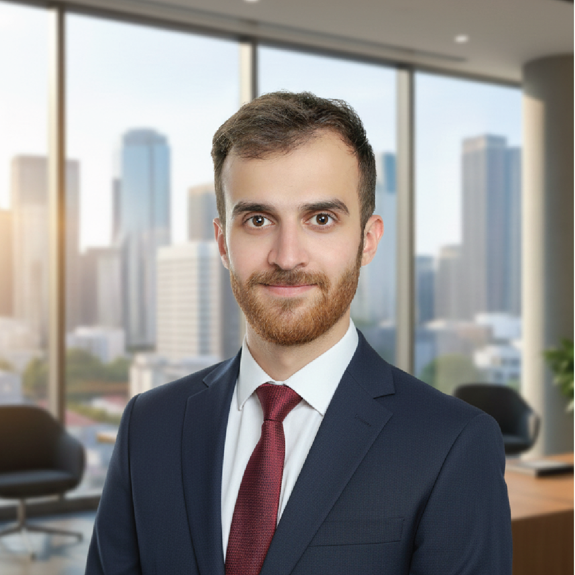 Young man with short brown hair and beard wearing a navy suit, white shirt, and red tie, standing in a modern office with city skyline background.