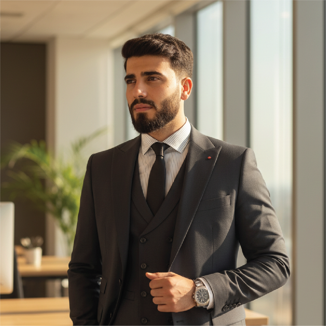 Confident bearded man in a dark suit and striped shirt standing in a modern office with large windows.
