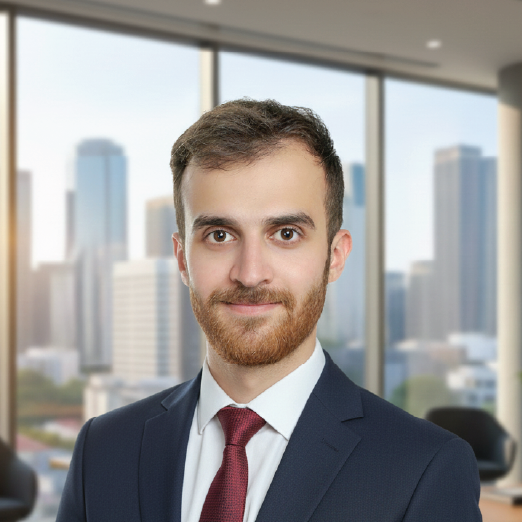 Young man with short brown hair and beard wearing a navy suit, white shirt, and red tie, standing in an office with city buildings visible through large windows.
