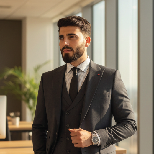 Confident man in a dark suit and tie standing in a sunlit office with hands relaxed.