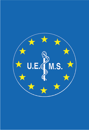 Blue background with a circle of twelve yellow stars surrounding a white medical symbol and the letters U.E.M.S.