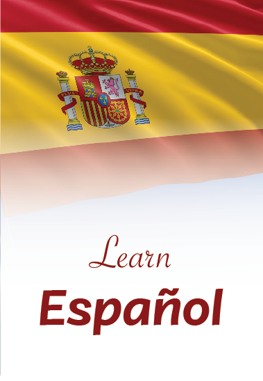 Waving Spain flag with coat of arms above the text 'Learn Español' in red font on a white background.