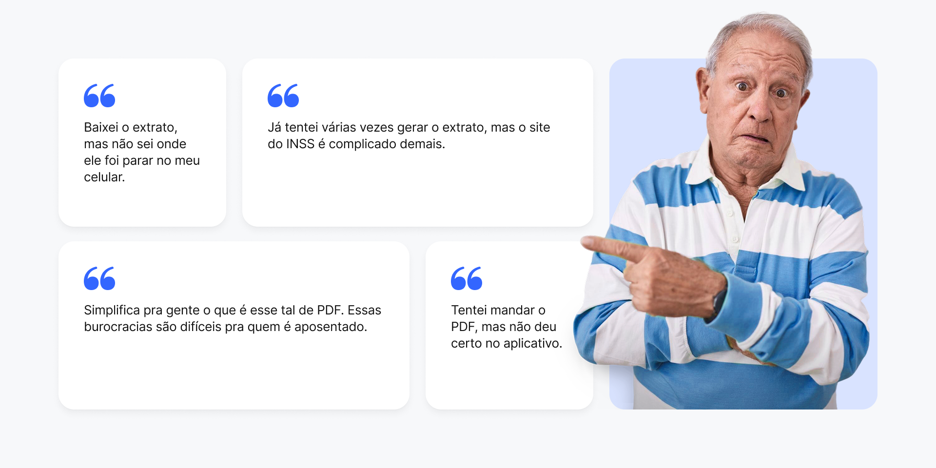 Depoimentos de usuários no UX discovery destacando dificuldades para gerar, localizar e enviar o extrato na jornada de portabilidade.