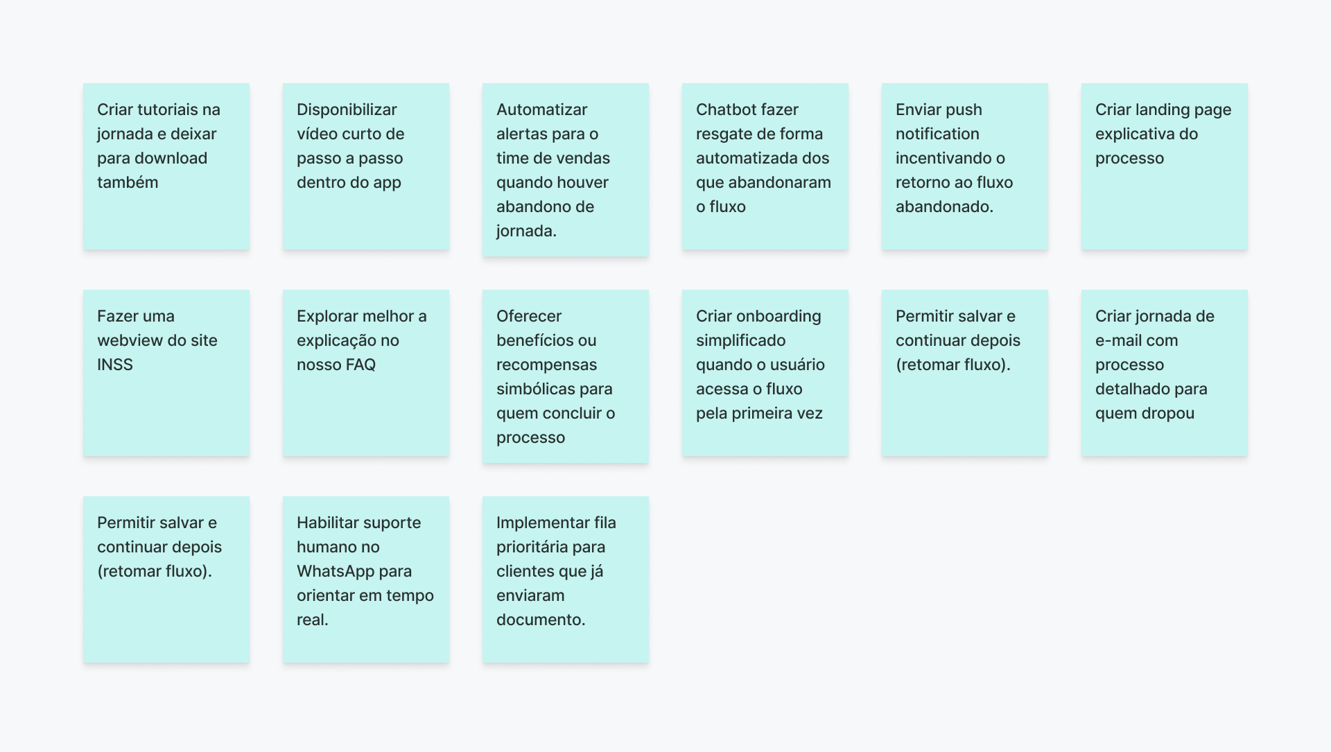 Workshop multidisciplinar com geração de ideias para reduzir abandono e melhorar a jornada de portabilidade.