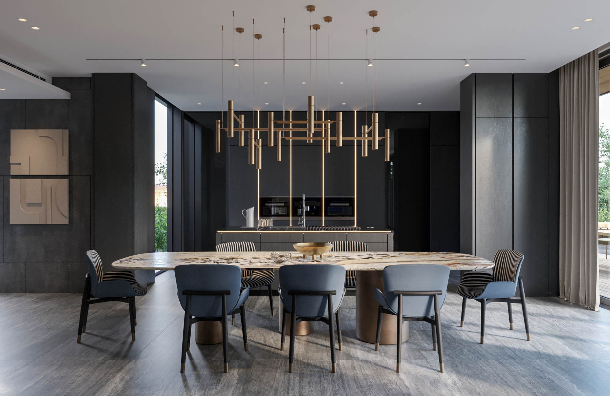 luxury contemporary open-living plan, travetine dining table, besokple TV wall and cabinatry Meiger design, modern bespoke kitchen 